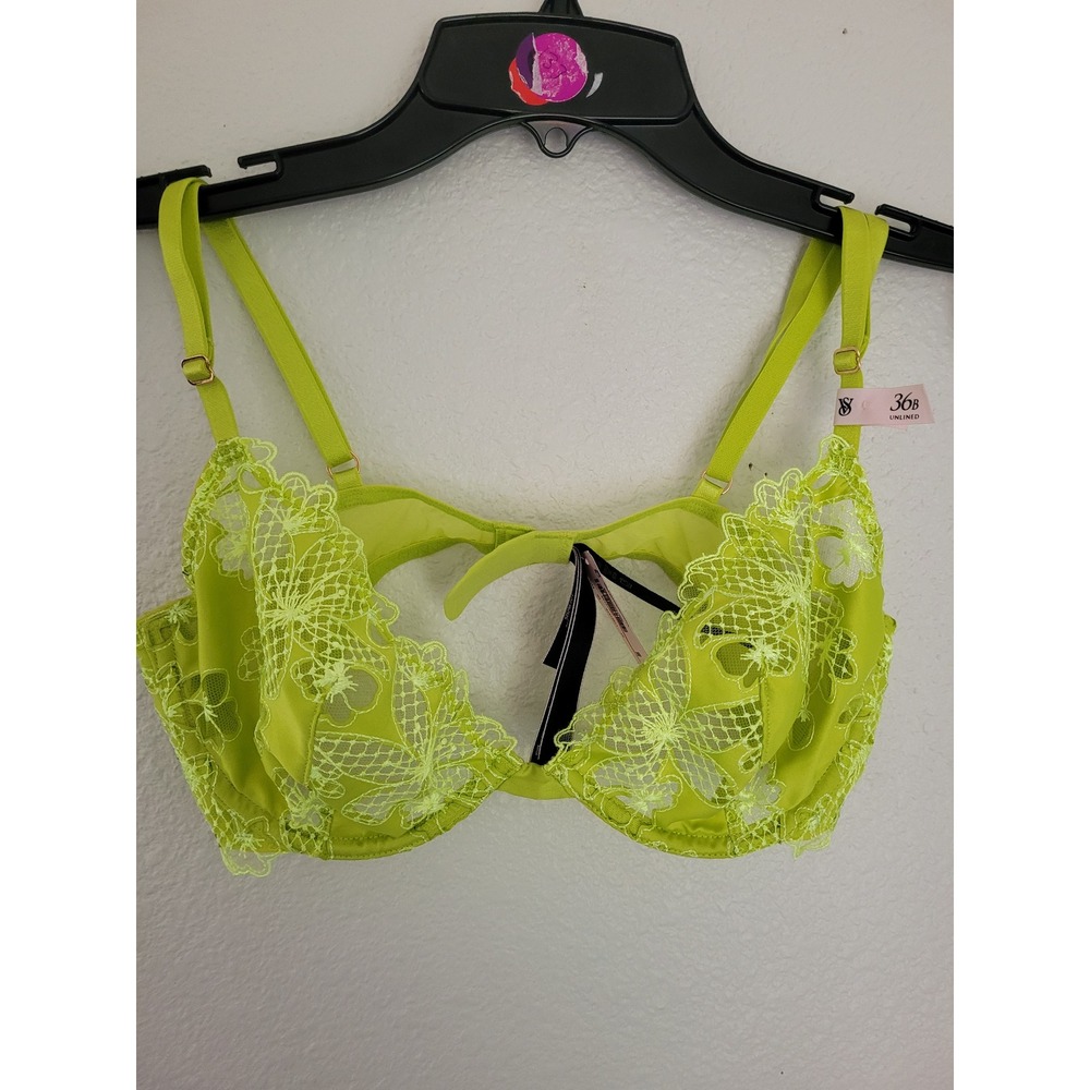 Victorias Secret Very Sexy Neon Lime Green Floral Embroidered Demi Bra 36B #12
